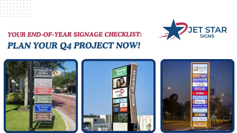 Jet Star Signs end-of-year signage checklist graphic with three multi-tenant monument signs