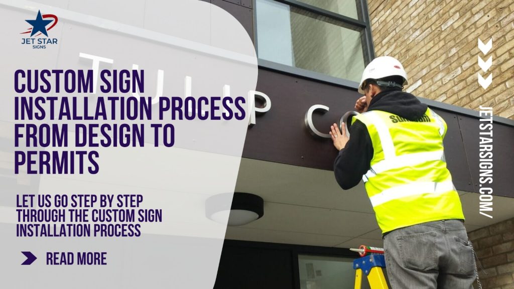 Jet Star Signs graphic on the custom sign installation process with a worker installing letters
