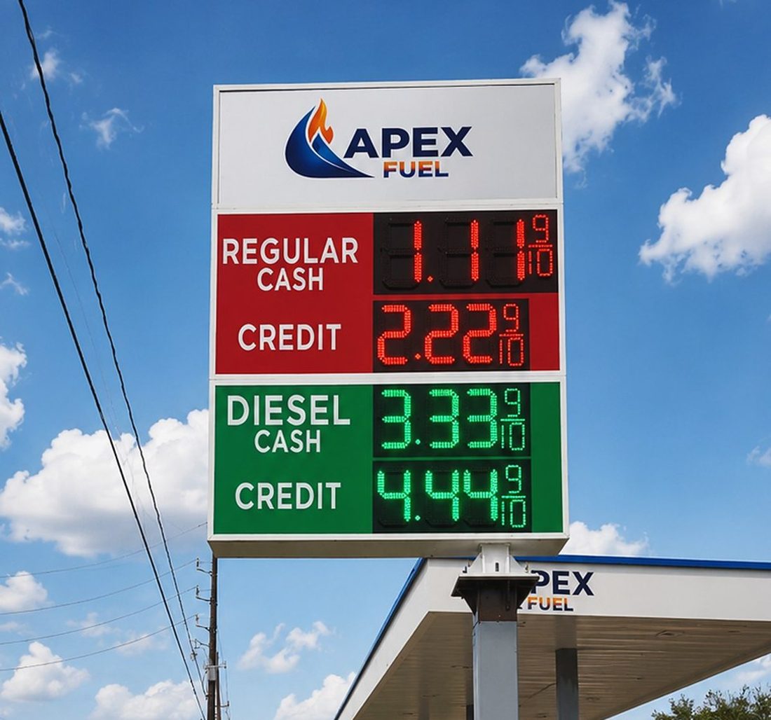 Jet Star Signs LED gas price sign with red and green digit displays on a Houston fuel station